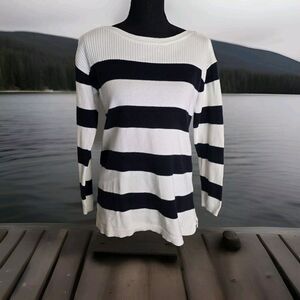 Talbots Sweater Small Navy Blue White Striped Nautical Coastal French Stripe